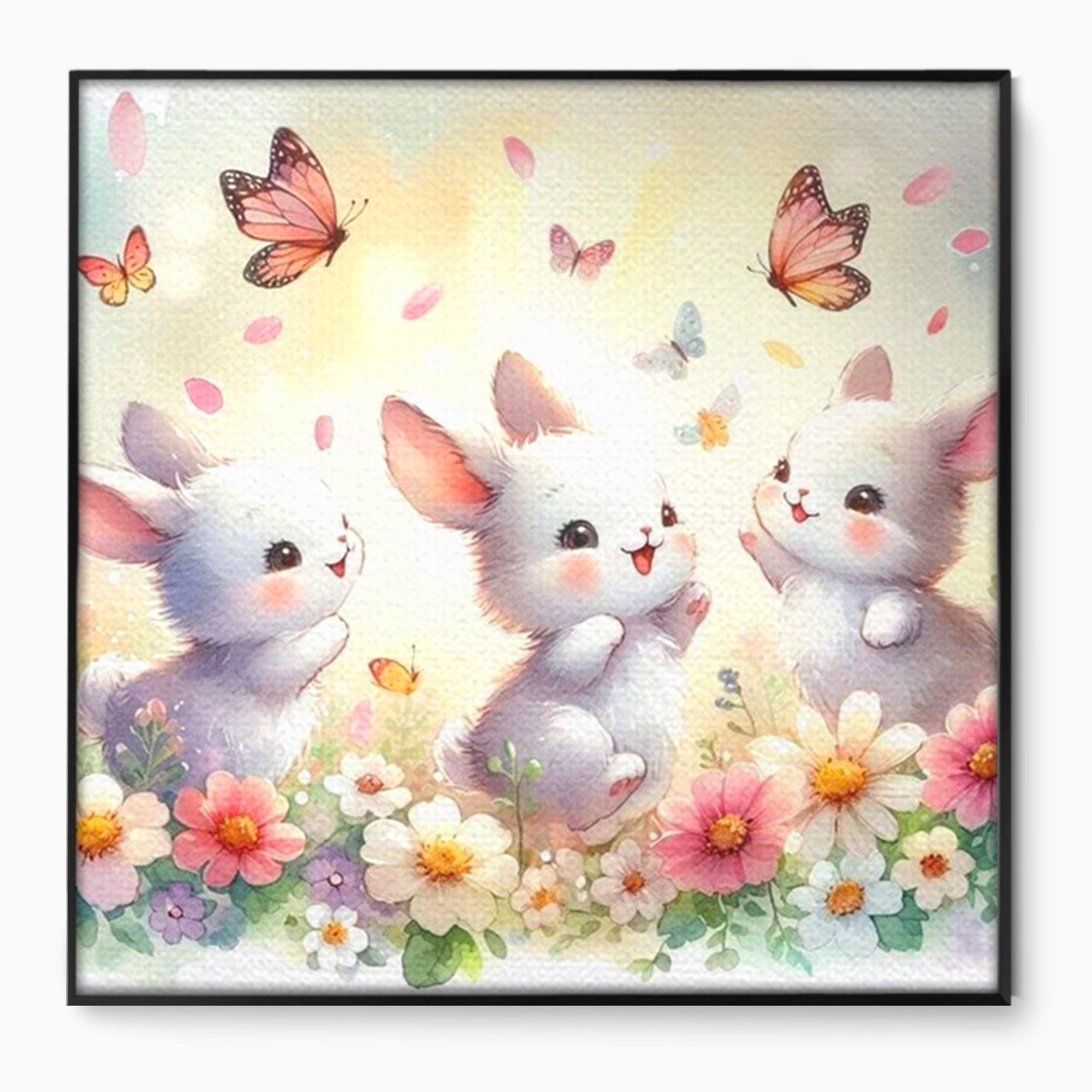 Tablou canvas cu ilustratie cu trei iepurasi si fluturi, in rama de aluminiu negru
